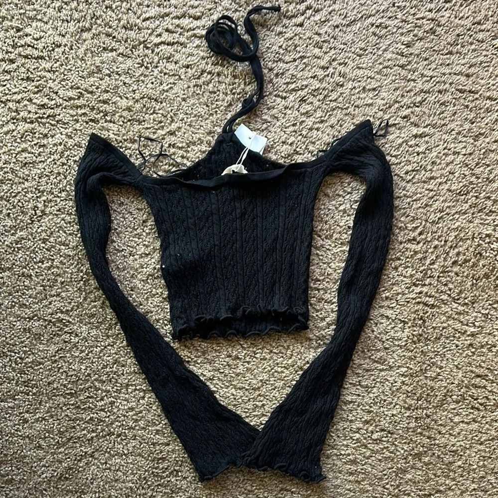 Stradivarius Black Ribbed Crop Top with‎ Long Sleeves Size XS